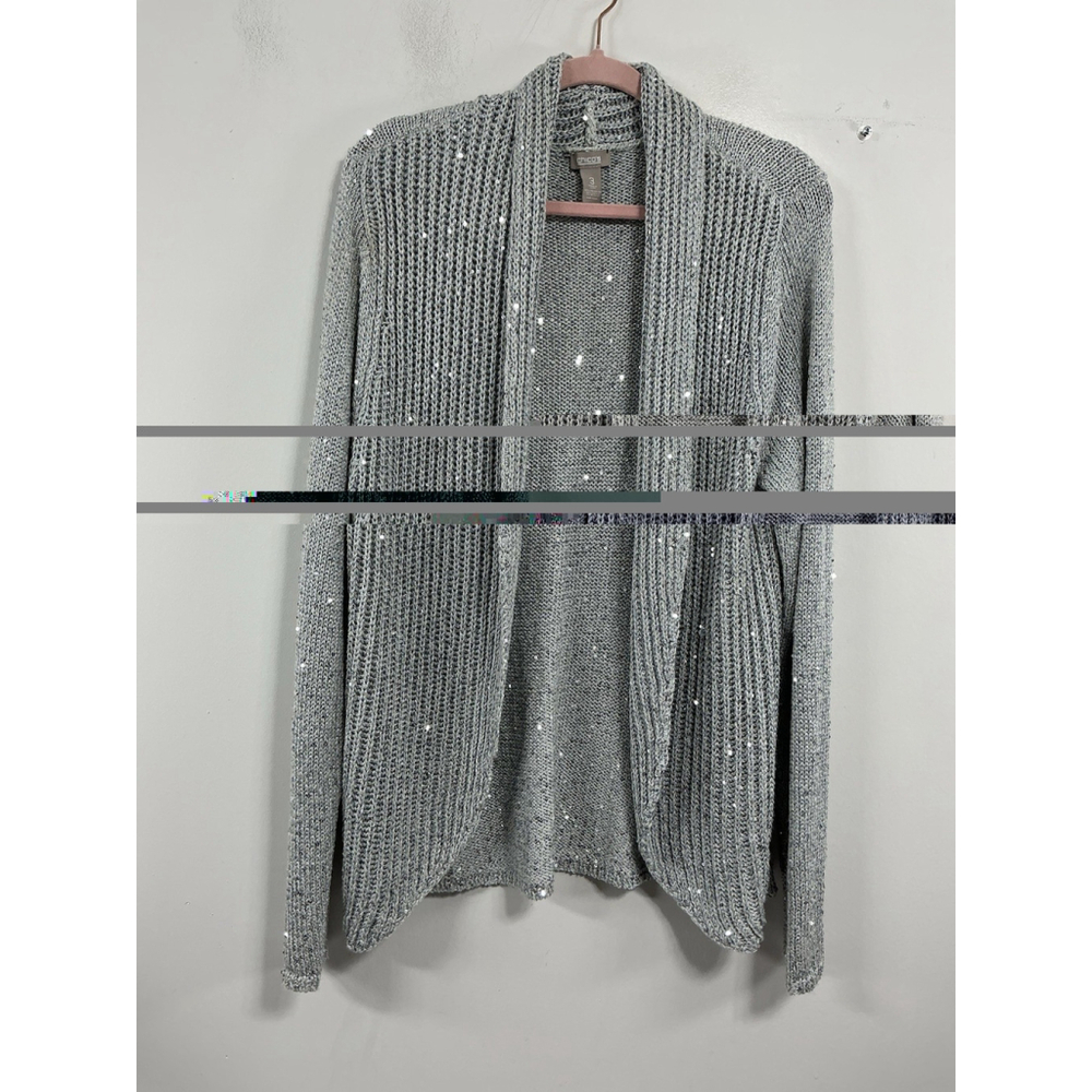Womans Chicos Long Sleeve Open Front Sweater 3 (XL) Gray Sequins Mid Length